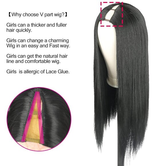 NEW 22-Inch Straight V Part Wig Synthetic Hair Long Black Half Wig Glueless - Picture 4 of 8